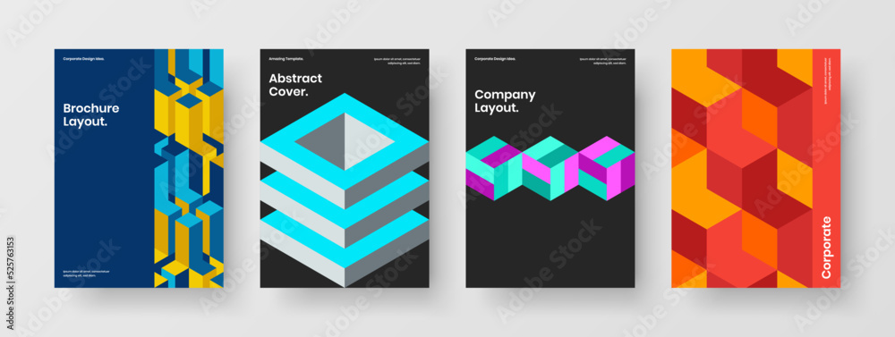 Minimalistic handbill vector design concept set. Modern geometric hexagons cover illustration collection.
