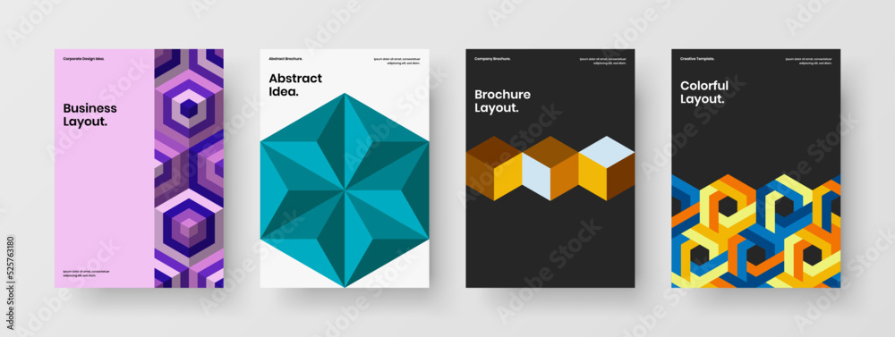 Bright company identity A4 vector design template composition. Premium geometric hexagons journal cover concept collection.