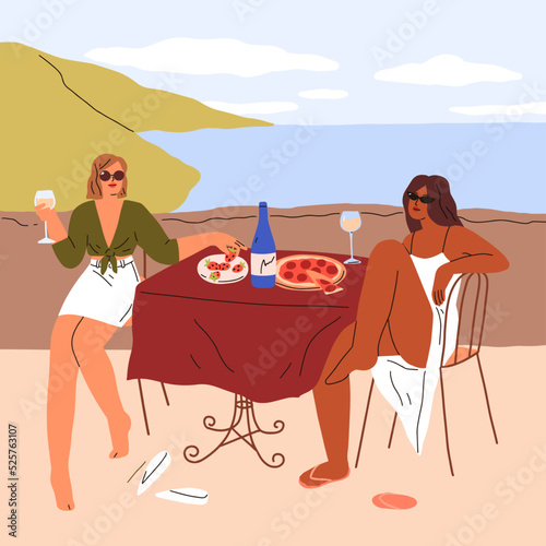 Women relaxing, eating pizza food at beach cafe terrace at sea resort. Girls friends drinking wine at table outdoor at seaside waterfront on summer holiday relaxation. Flat vector illustration