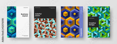 Modern mosaic hexagons presentation layout bundle. Minimalistic company brochure A4 vector design concept set.