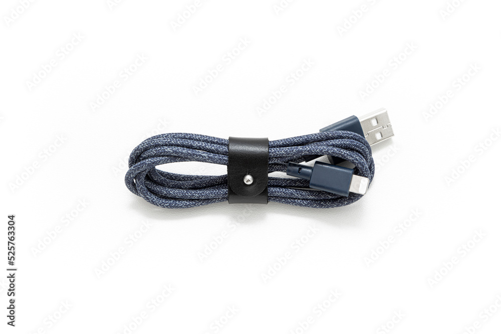 Charging cable isolated on white background. Electronic. Phone charger. Equipment. Technology. Plug. Phone Accessory.