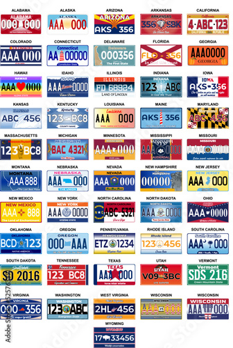 Complete Set 51 United States License Plates - All 51 USA States, Special Design And Regulation For All States, Car numbers of vehicle registration in USA states (abstract numbers)