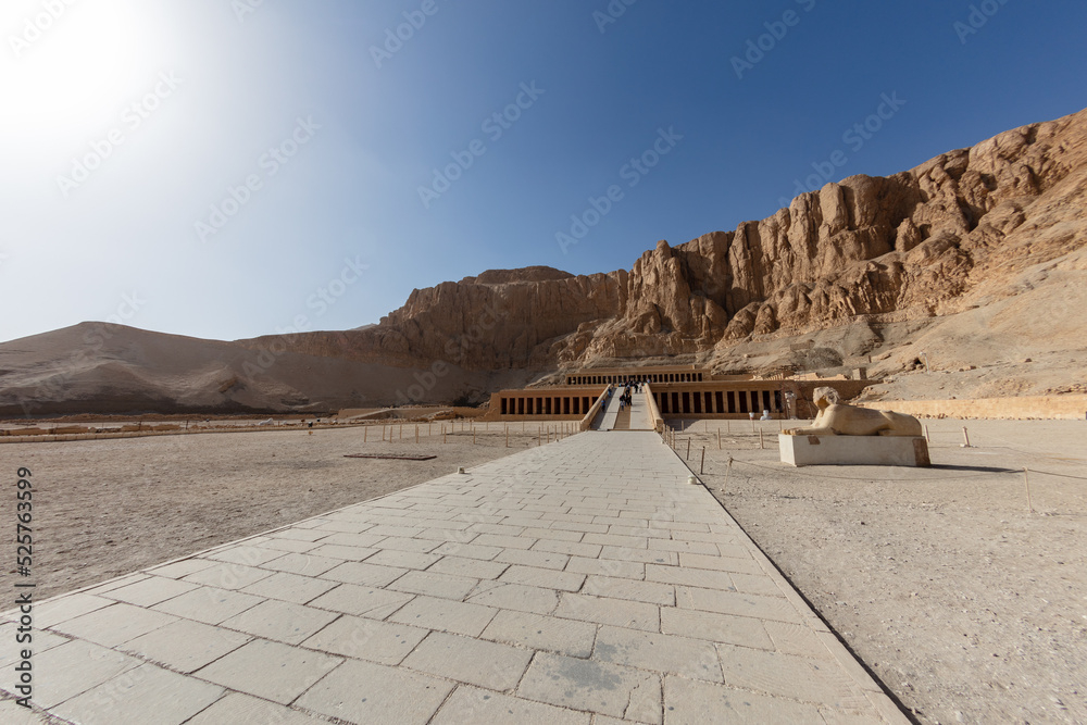 View of Hatshepsut's temple. Mortuary temple of the pharaoh of the Hatshepsut dynasty. Jeser-Jeseru is a masterpiece of ancient Egyptian architecture. The sanctuary is carved right into the rocks.