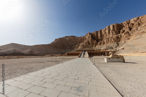 View of Hatshepsut s temple. Mortuary temple of the pharaoh of the Hatshepsut dynasty. Jeser-Jeseru is a masterpiece of ancient Egyptian architecture. The sanctuary is carved right into the rocks.