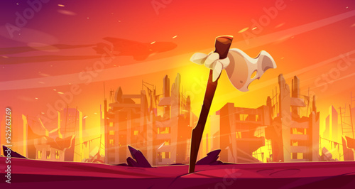 White flag at burning city background with ruins in fire, war destruction, abandoned burning broken buildings with smoke and flame after bombing, creepy apocalyptic scene, Cartoon vector illustration