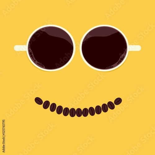 Good morning coffee, Two cups of black coffee as wake up eyes with smiling coffee beans on bright yellow background, fresh drinking beverage, vector illustration.