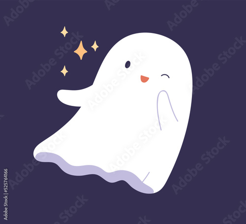 Cute baby ghost flying. Happy Halloween spook winking, whispering holiday secret. Funny boo character floating in night sky with stars. Cheerful phantom. Isolated childish flat vector illustration