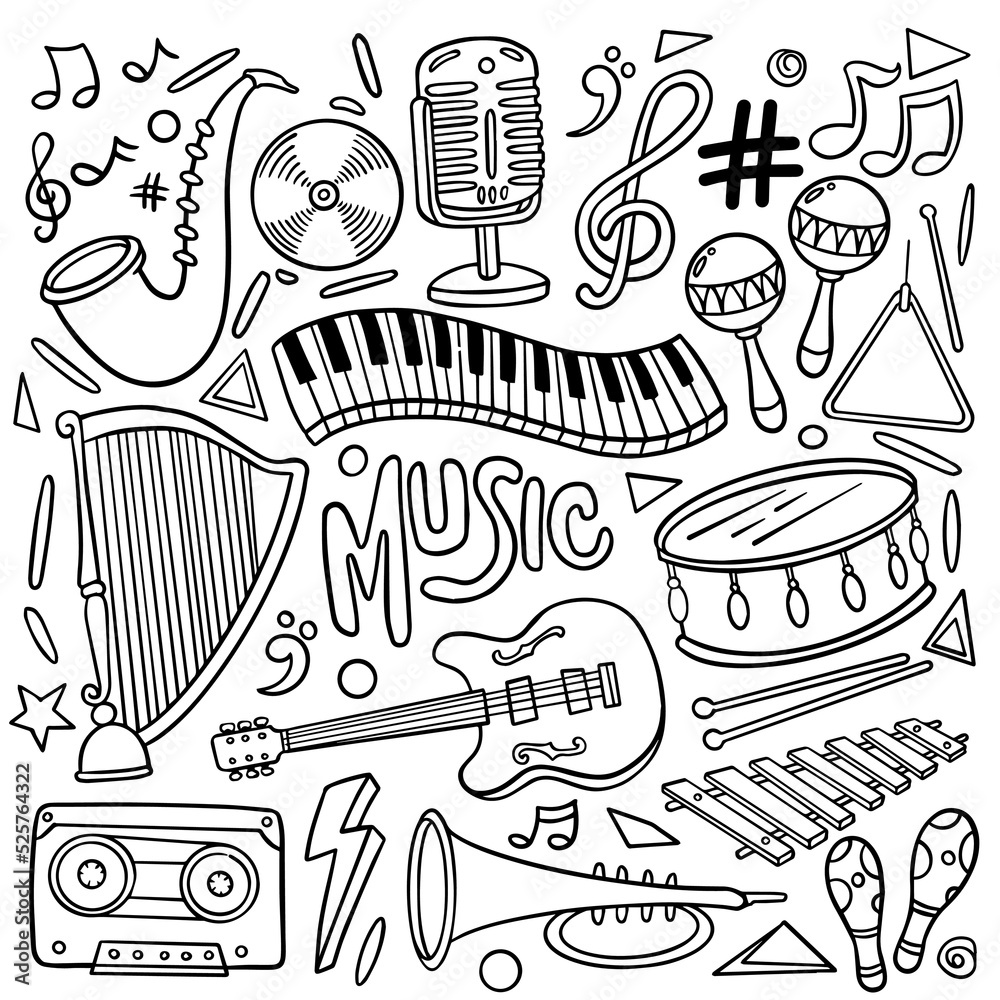 Set of hand drawn music theme isolated on white background, doodle set of Musical Instruments theme. Vector illustration