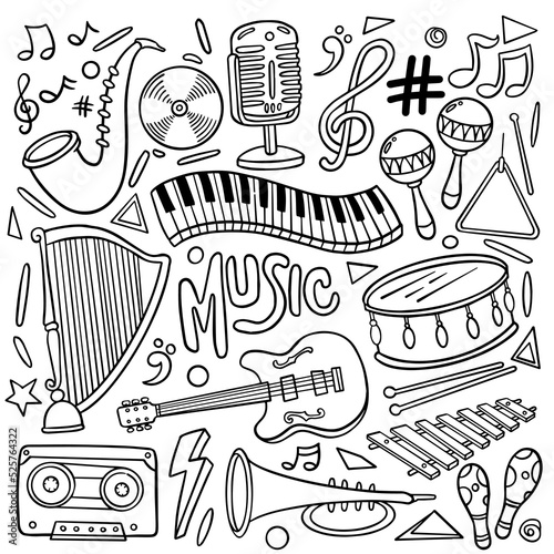 Obraz na płótnie Set of hand drawn music theme isolated on white background, doodle set of Musical Instruments theme. Vector illustration w salonie