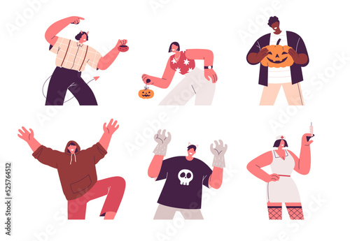 People in Halloween party costumes with holiday pumpkins set. Happy adult cha...