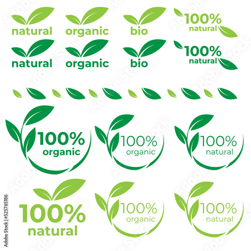 Eco, bio, organic and natural products sticker, label, badge and logo. Ecology icon. Logo template with green leaves for organic and eco friendly products. Vector illustration 