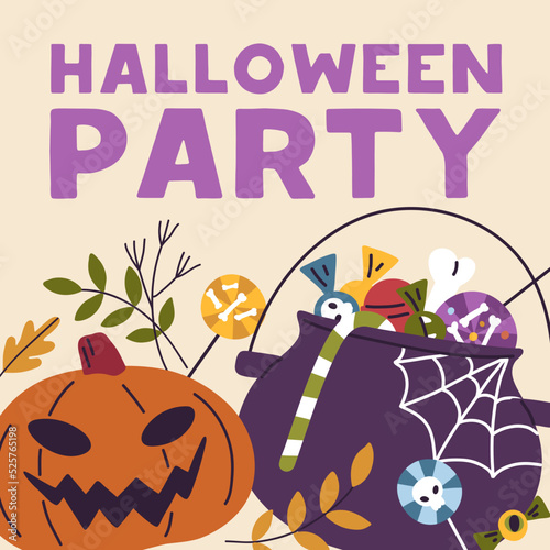 Halloween party card, square background design. Helloween holiday template wi...