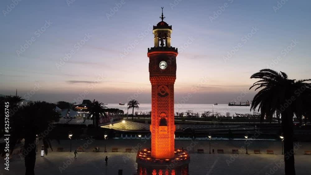 Clock Tower in the Sunset Drone Video, Konak Square Izmir Turkey	
