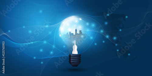 Cloud Computing, Electric and Global Network Connections Concept Design with City Skyline Inside a Glowing Light Bulb, Transparent Geometric Mesh and World Map - Illustration in Editable Vector Format
