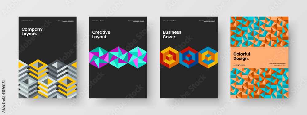 Amazing mosaic hexagons pamphlet template set. Clean corporate brochure A4 vector design layout bundle.