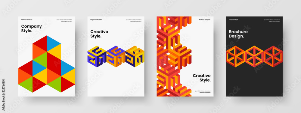 Unique pamphlet vector design template set. Bright mosaic shapes journal cover layout bundle.