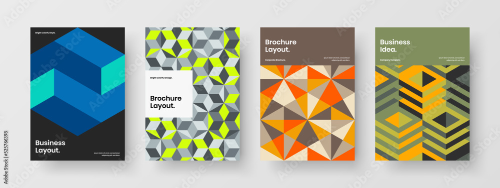 Minimalistic company brochure A4 design vector concept set. Isolated geometric tiles leaflet illustration bundle.