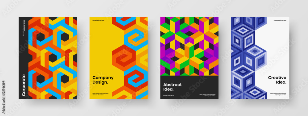 Clean mosaic pattern leaflet template collection. Vivid annual report A4 design vector concept composition.