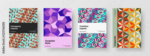 Premium geometric tiles company brochure concept set. Colorful catalog cover A4 design vector template bundle.