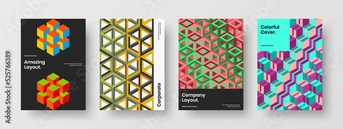 Bright mosaic pattern leaflet concept set. Fresh cover design vector template composition.