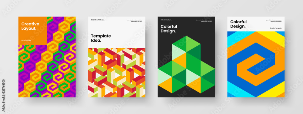Trendy mosaic shapes company brochure concept composition. Isolated catalog cover A4 design vector template collection.