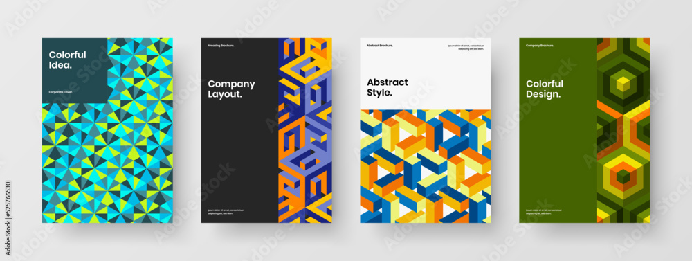 Bright geometric tiles placard concept composition. Creative company cover A4 design vector layout collection.