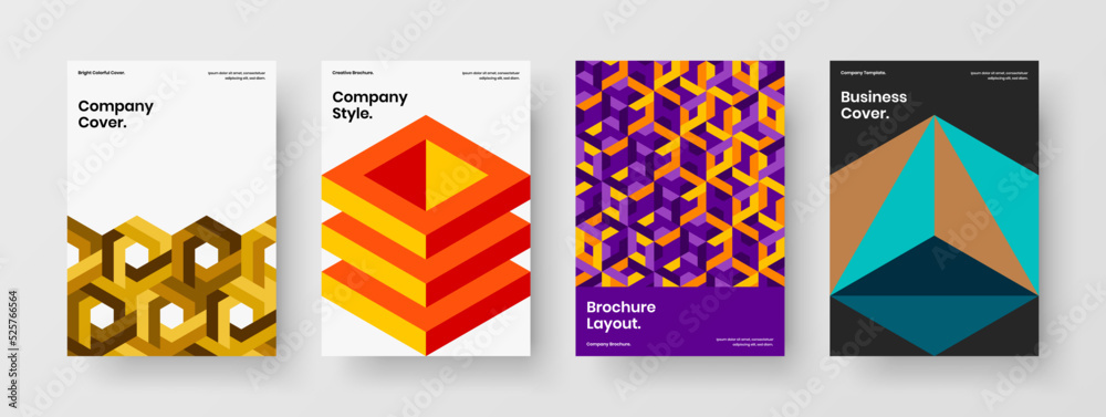 Multicolored flyer A4 design vector layout set. Isolated geometric shapes annual report template collection.