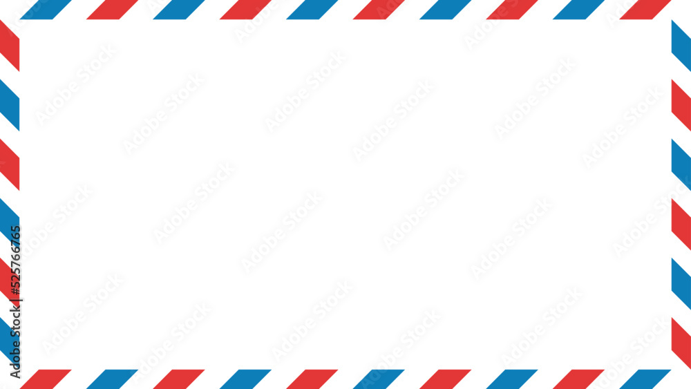 Airmail envelope frame with blue and red stripes on white background. International vintage letter border. Retro air mail postcard. Blank envelope. Vector illustration isolated on white background.