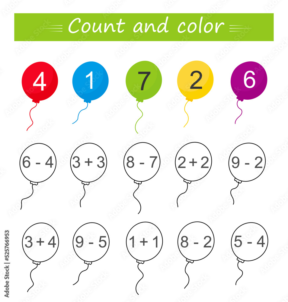 Math activity for kids. Developing numeracy skills. Number range up to 10. Vector. Math activity for kids. Developing numeracy skills. Number range up to 10. Vector.