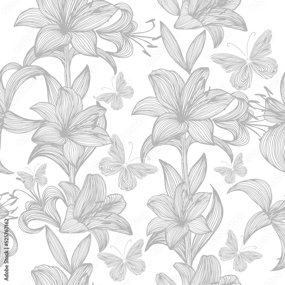 Lilies and butterflies gray graphic background. Vector illustration