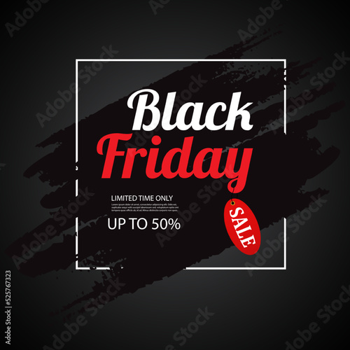 Black Friday sale banner. Shiny golden text in frame with glitter and confetti. Luxury dark background. Black Friday advertising, special offer and sale. Banner and poster, brochure and flyer design