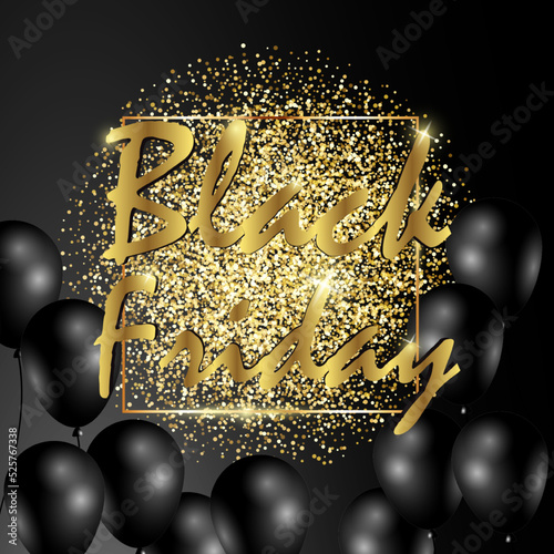 Black Friday sale banner. Shiny golden text in frame with glitter and confetti. Luxury dark background. Black Friday advertising, special offer and sale. Banner and poster, brochure and flyer design