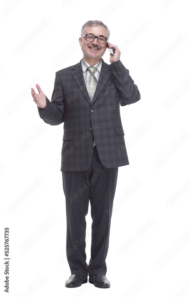 smiling elderly man talking on a smartphone . isolated on a white smiling elderly man talking on a smartphone . isolated on a white