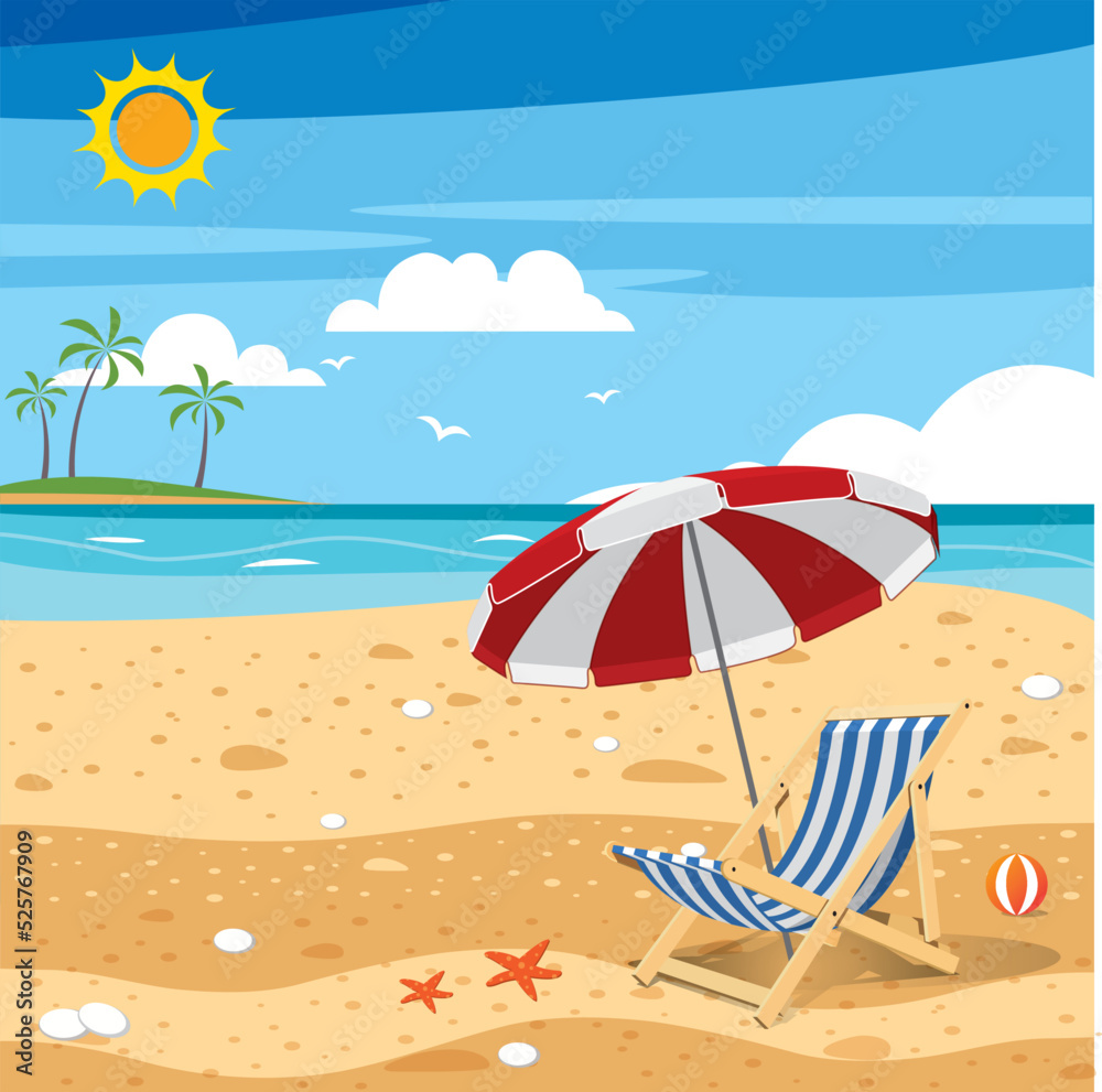 summer beach beach vector There are beach chairs and beautiful umbrellas.