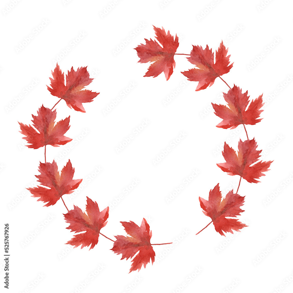 Fototapeta premium Watercolor autumn wreath with red maple leaves.