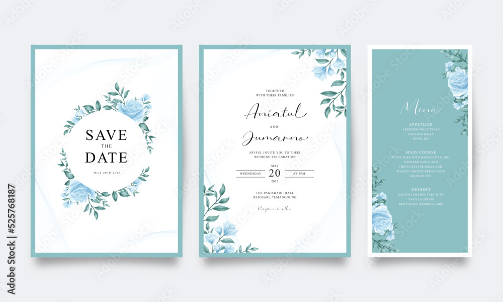 Wedding invitation set with roses and watercolor floral