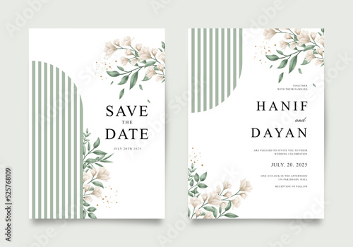 Elegant wedding invitation template set with floral and green leaves
