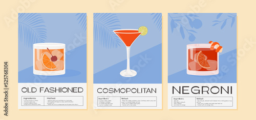 Fotografering Old Fashioned, Negroni and Cosmopolitan Cocktail wall art posters