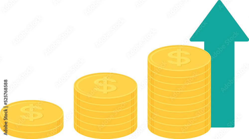 Stack of gold dollar coins with green upward pointing arrow. Business growth concept. Flat design illustration. Stack of gold dollar coins with green upward pointing arrow. Business growth concept. Flat design illustration.