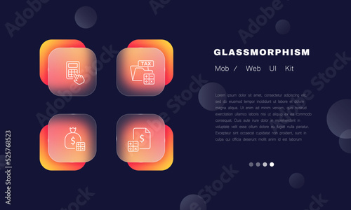 Accounting set icon. Calculator, hand, bookkeeping, tax, money bag, dollar sign, income, expense. Financial management concept. Glassmorphism style. Vector line icon for Business and Advertising