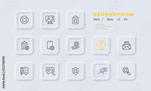 Rejection crosses set icon. Reject job application, clipboard, phone, email, decline call, forbid, prohibition, ban, shield, magnifier, speech bubble. Business concept. Neomorphism. Vector line icon
