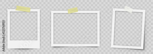 Realistic photo frame. White empty photo frame. Retro photograph with shadow. Photos hanging on adhesive tape and paper clip and binder paper clip - stock vector.