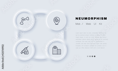 First aid set icon. Broken bone, map pointer with cross, syringe, injection, hospital building, doctor, anesthesia. Healthcare concept. Neomorphism style. Vector line icon for Business and Advertising