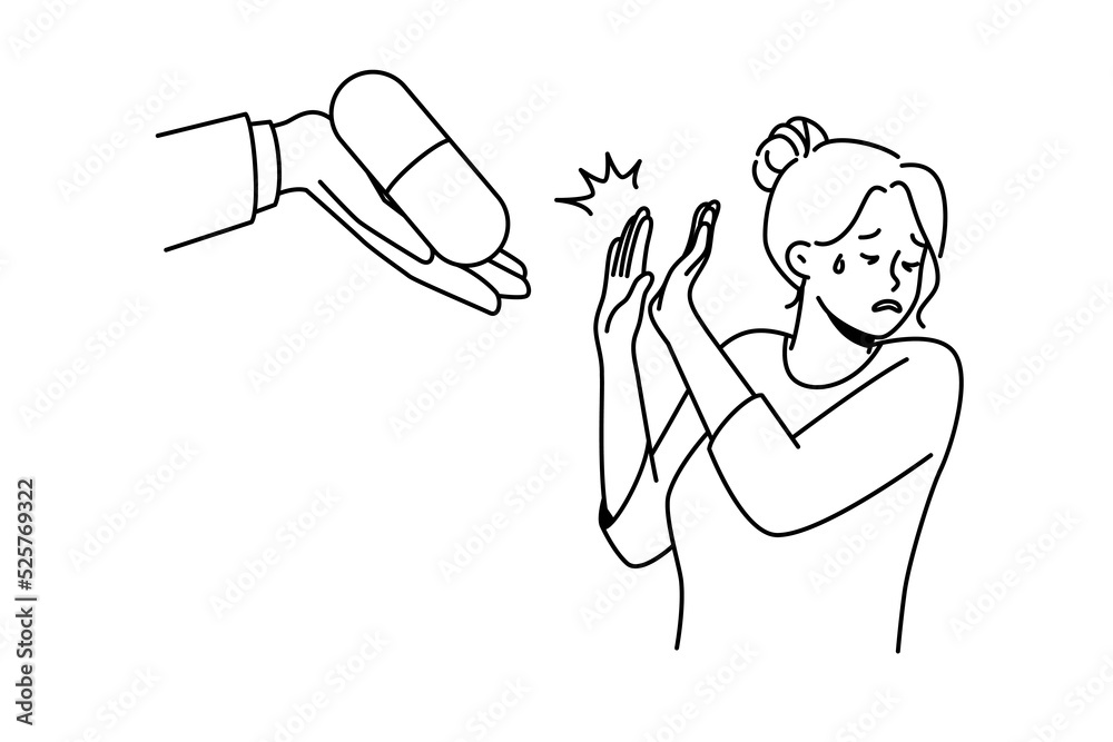 Unhappy woman refuse taking medication offered by doctor. Anxious frustrated girl reject medicine or pills from medical prescription. Vector illustration. Unhappy woman refuse taking medication offered by doctor. Anxious frustrated girl reject medicine or pills from medical prescription. Vector illustration.