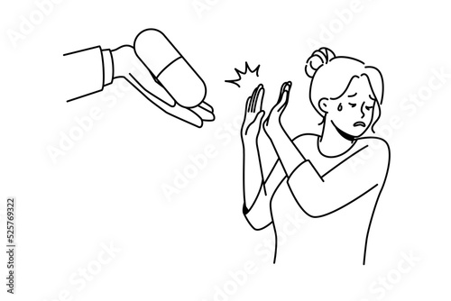 Unhappy woman refuse taking medication offered by doctor. Anxious frustrated girl reject medicine or pills from medical prescription. Vector illustration. 