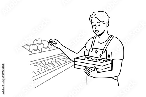 Man in uniform working in supermarket. Male employee busy in fruit shop or store. Occupation. Vector illustration. 