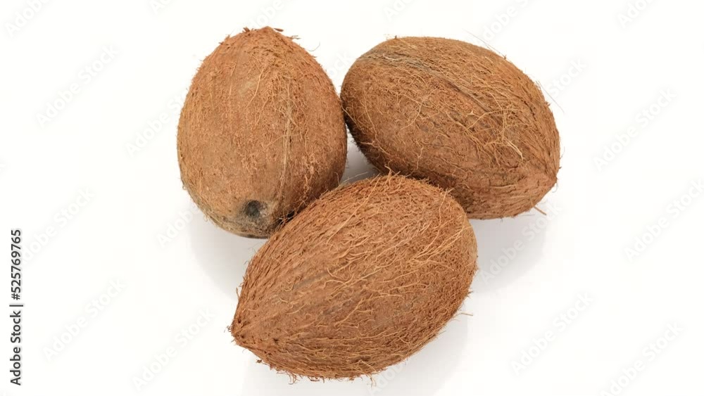 Whole coconuts isolated on white background, rotate. Tropical Coconuts closeup