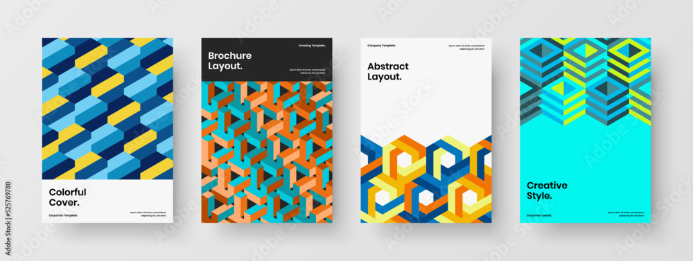 Simple mosaic hexagons leaflet template composition. Colorful booklet design vector layout bundle.