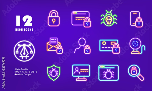 Hacking and computer viruses protection set icon. Lock, website, bug, virus, defender, safety, email, bank card, surveillance camera, shield, magnifier. Privacy concept. Neon glow. Vector line icon