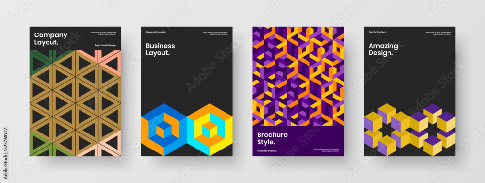 Trendy mosaic hexagons flyer template composition. Unique company cover vector design concept collection.